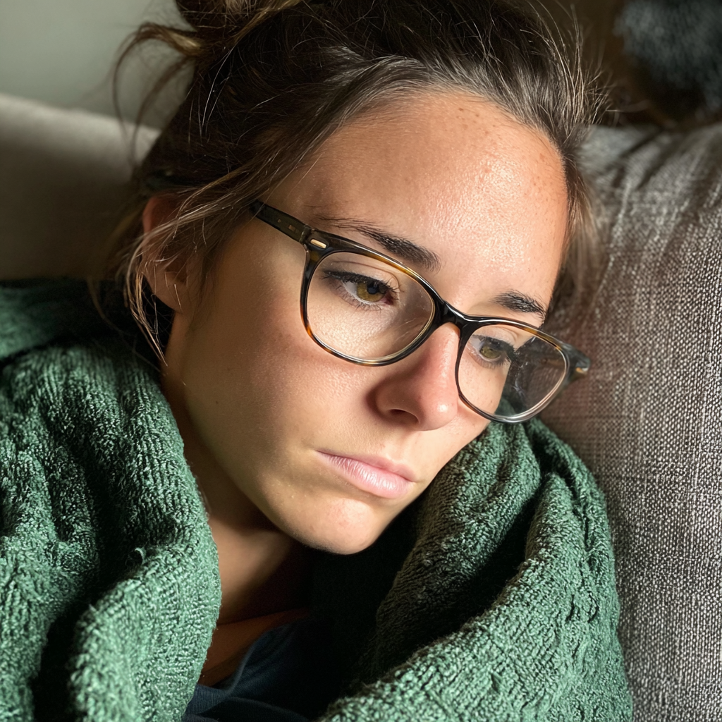 Eine nachdenkliche Frau sitzt auf einer Couch | Quelle: Midjourney
