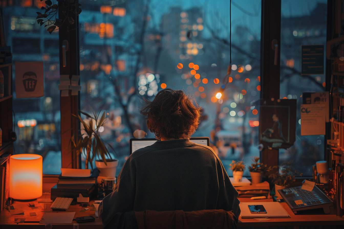 Ein Mann arbeitet nachts in seinem Büro | Quelle: Midjourney
