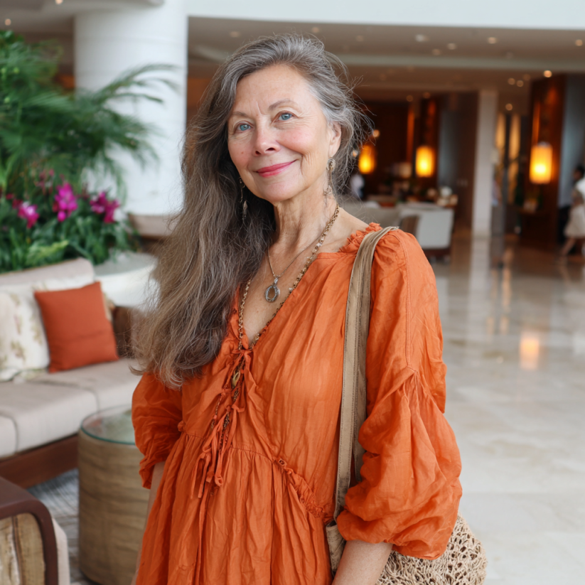 Eine ältere Frau in einem fließenden orangefarbenen Kleid | Quelle: Midjourney