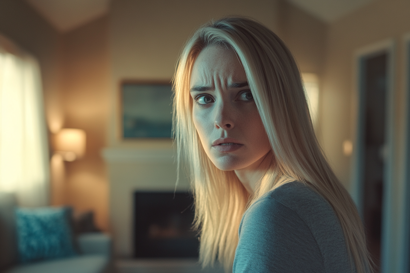 Eine besorgte blonde Frau in einem Wohnzimmer | Quelle: Midjourney