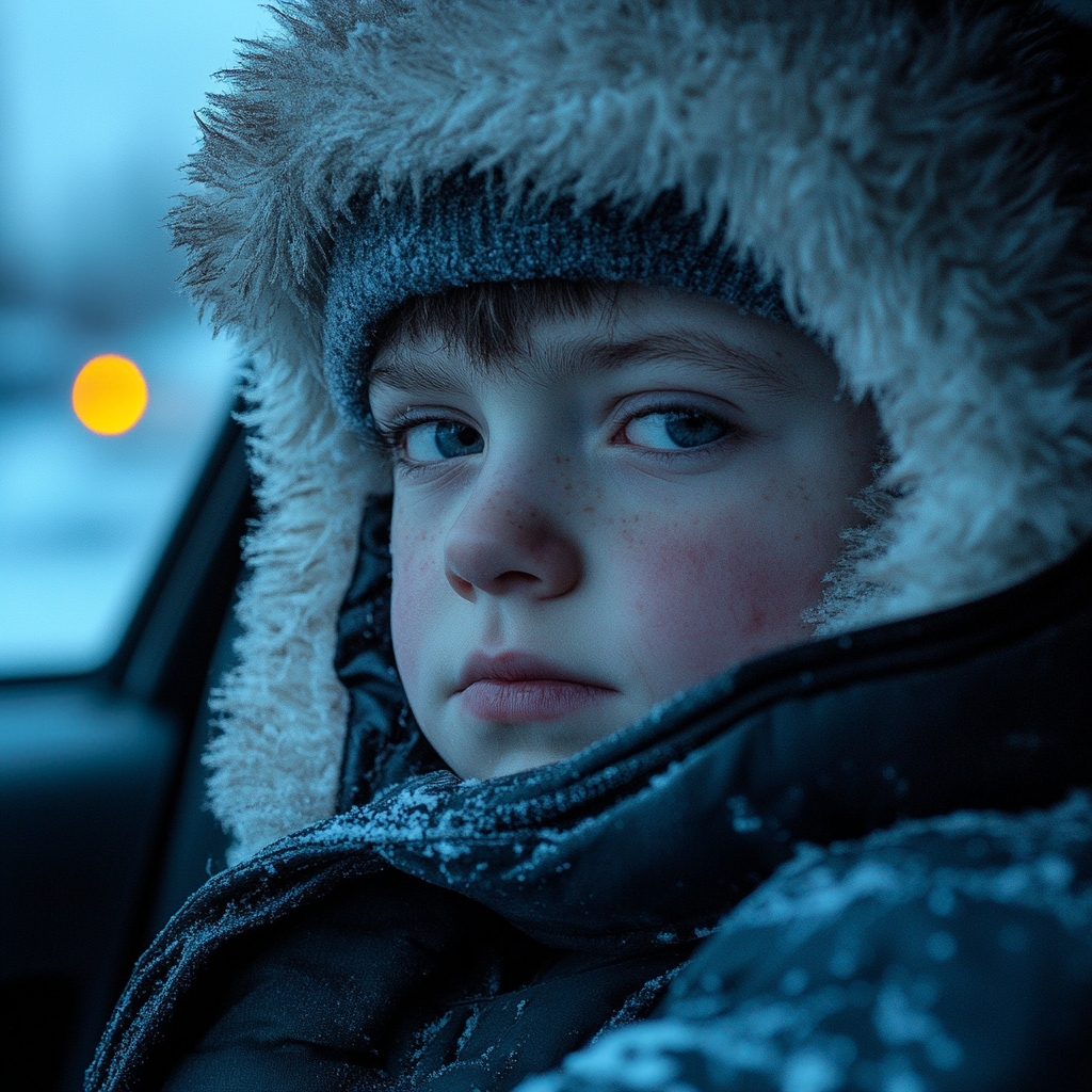 Ein trauriger Junge in einem Auto | Quelle: Midjourney