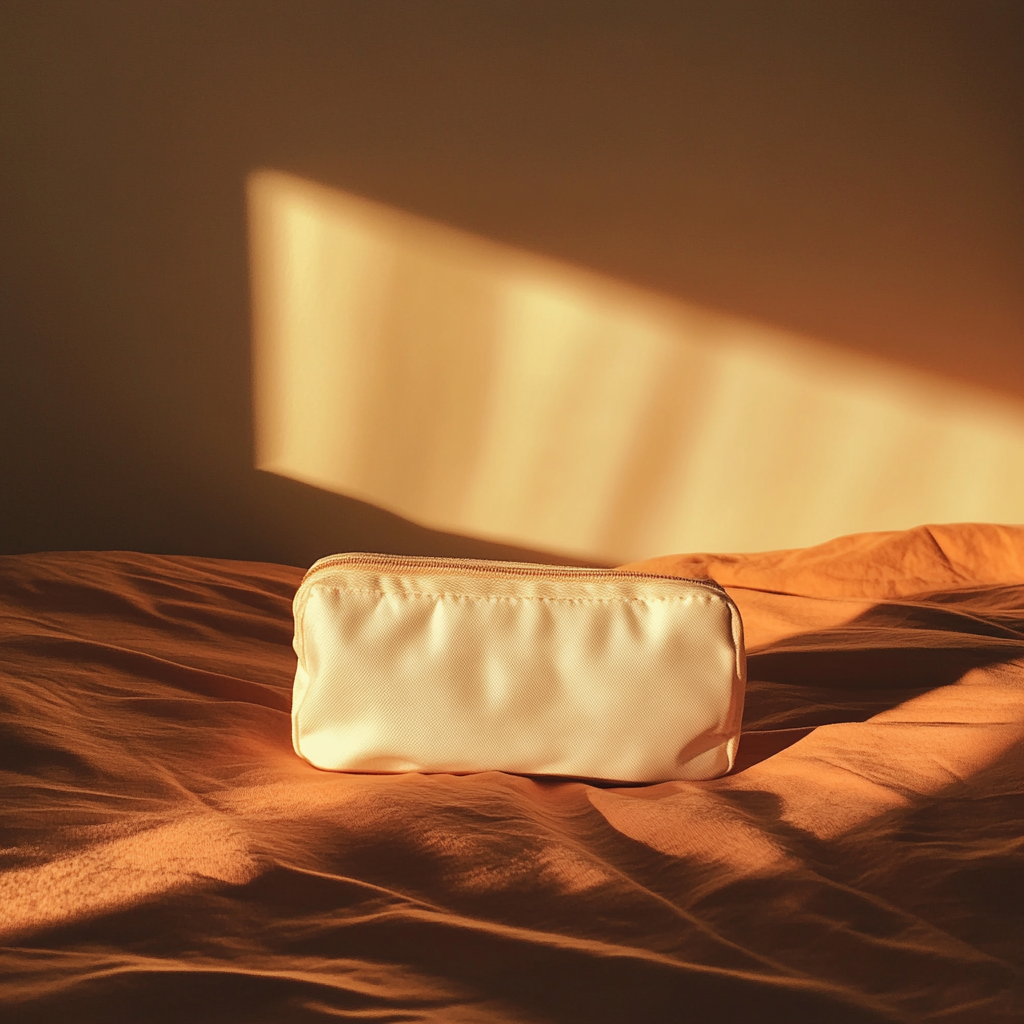 Eine weiße Kulturtasche auf einem Bett | Quelle: Midjourney