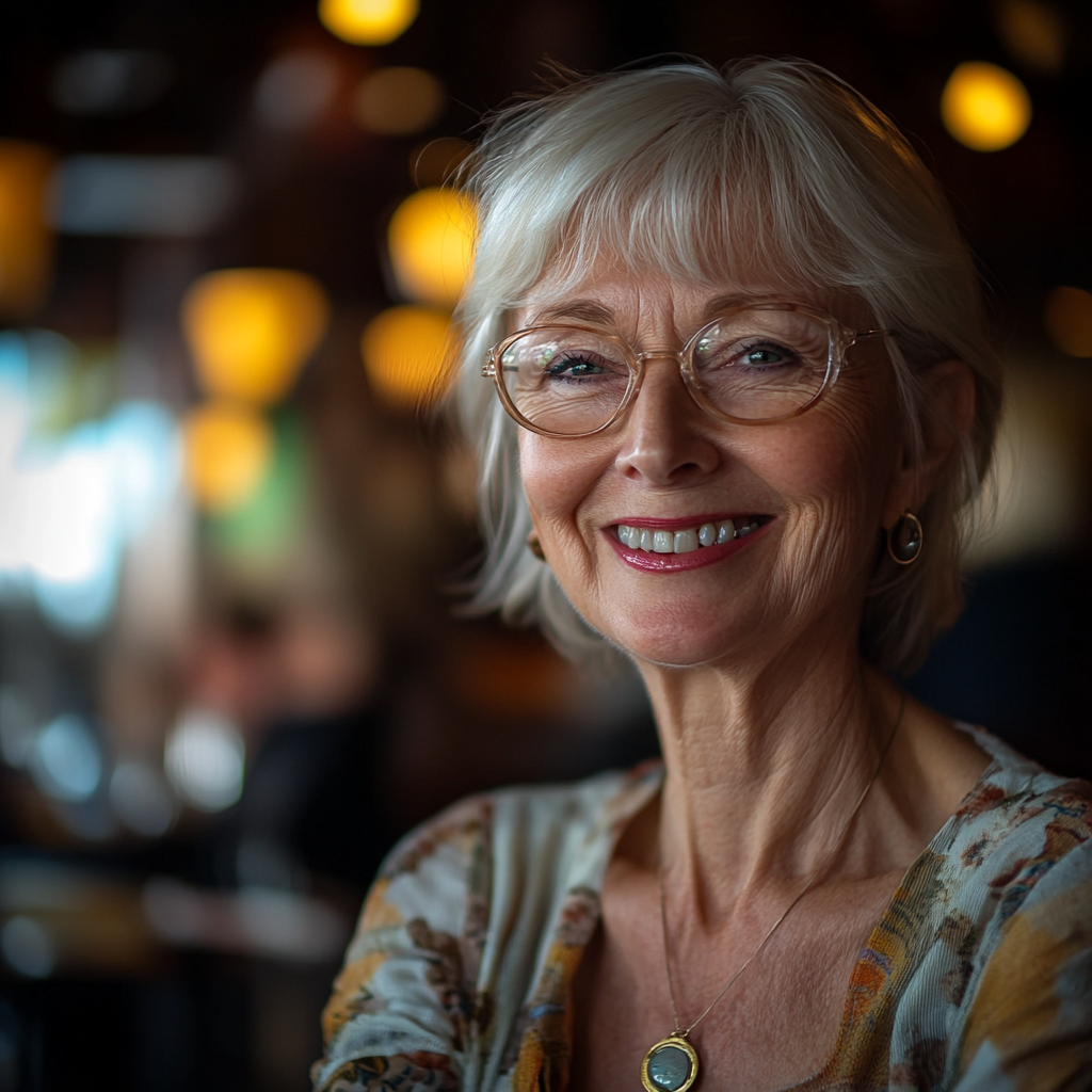 Eine ältere Frau lächelt sanft, während sie in einem gehobenen Restaurant sitzt | Quelle: Midjourney