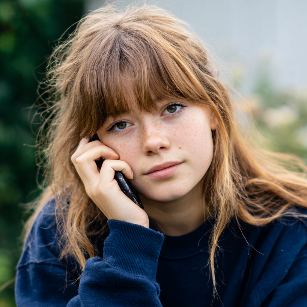 Ein Mädchen spricht mit einem Handy und trägt ein blaues Sweatshirt | Quelle: Midjourney