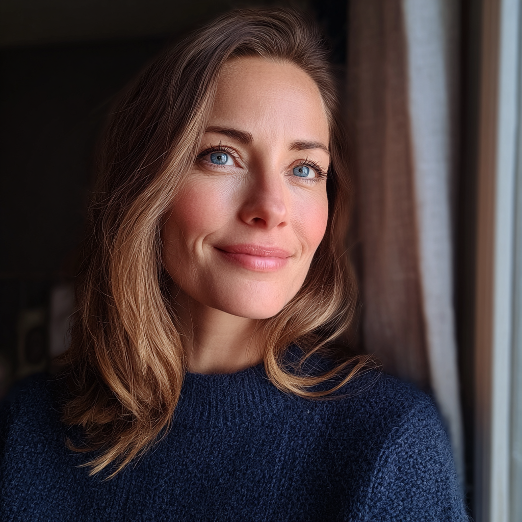 Eine lächelnde Frau, die an einem Fenster steht | Quelle: Midjourney