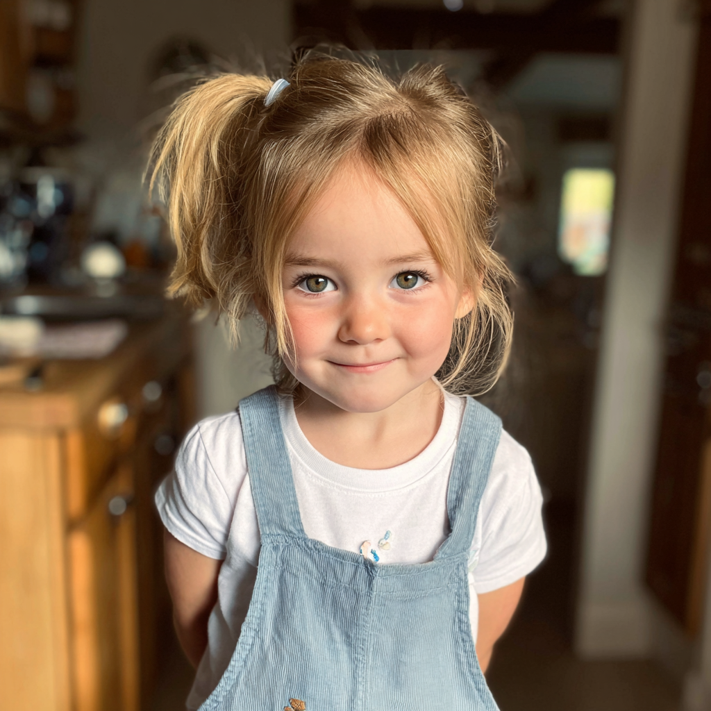Ein lächelndes kleines Mädchen in Latzhosen | Quelle: Midjourney