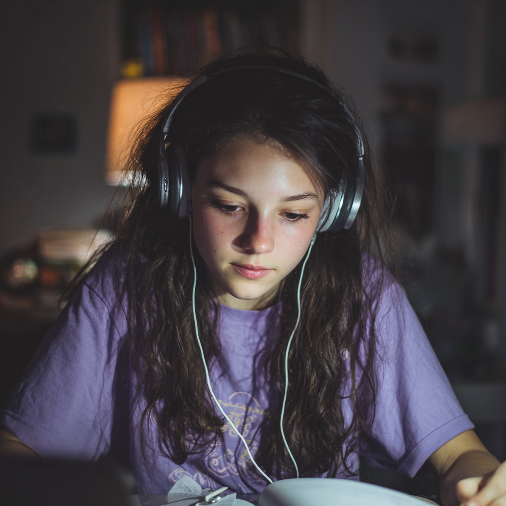 Ein Mädchen im Teenageralter sitzt und macht ihre Hausaufgaben | Quelle: Midjourney