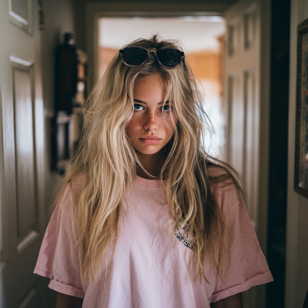 Eine selbstgefällige junge Frau mit einem übergroßen rosa T-Shirt | Quelle: Midjourney
