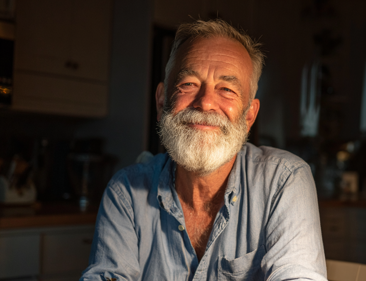 Eine Nahaufnahme eines lächelnden älteren Mannes | Quelle: Midjourney