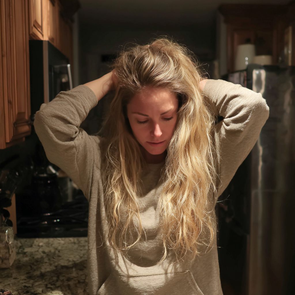 Eine Frau, die mit den Händen in den Haaren steht | Quelle: Midjourney