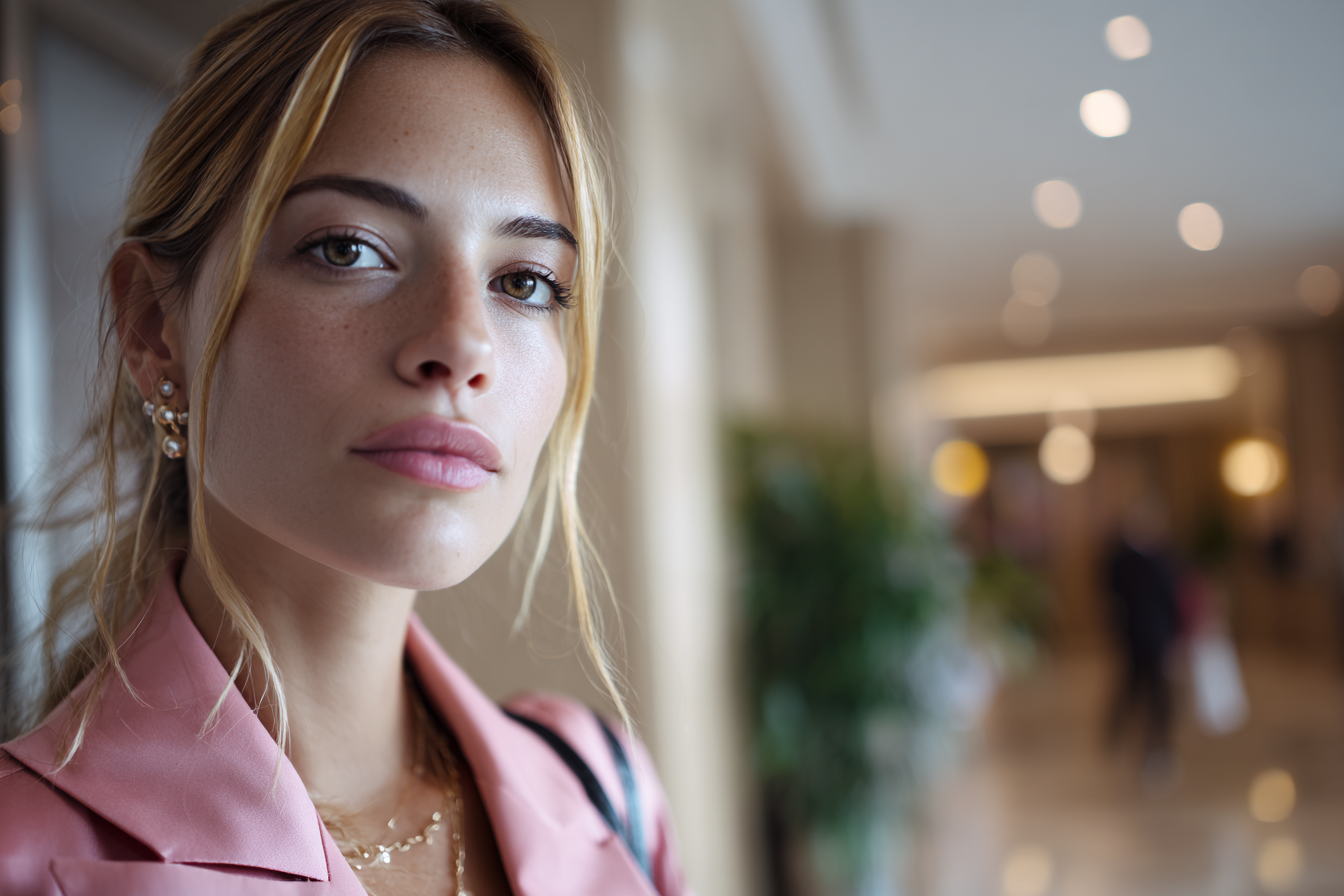 Eine Frau steht in einer Hotellobby | Quelle: Midjourney