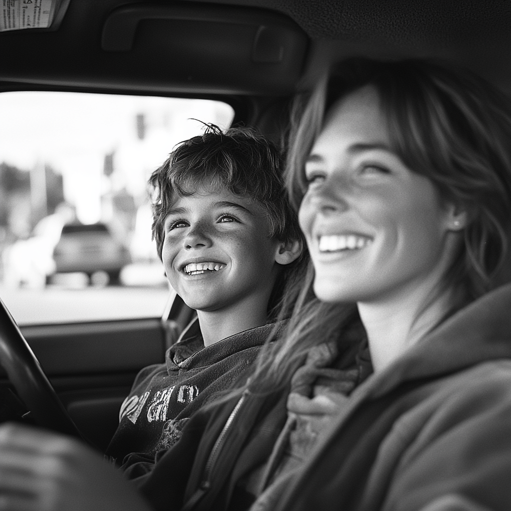Eine glückliche Mutter und ihr Sohn beim Autofahren | Quelle: Midjourney