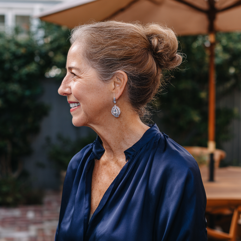 Eine lächelnde Frau in einer marineblauen Bluse | Quelle: Midjourney