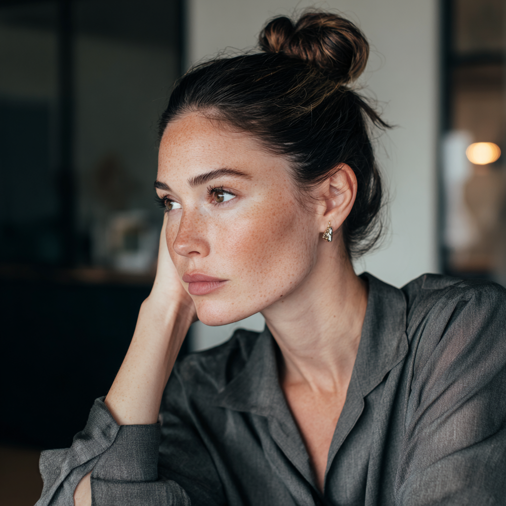 Eine Nahaufnahme einer nachdenklichen Frau | Quelle: Midjourney