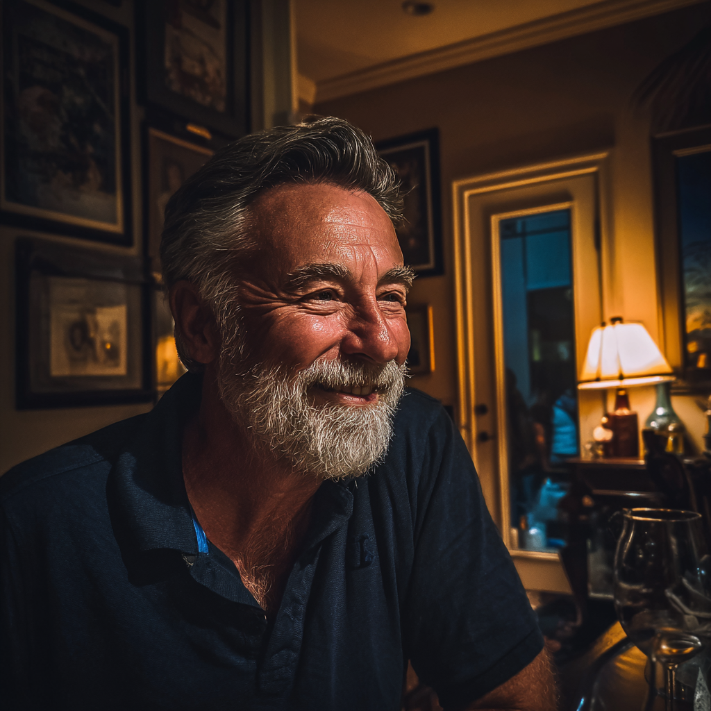 Ein lächelnder älterer Mann sitzt an einem Tisch | Quelle: Midjourney