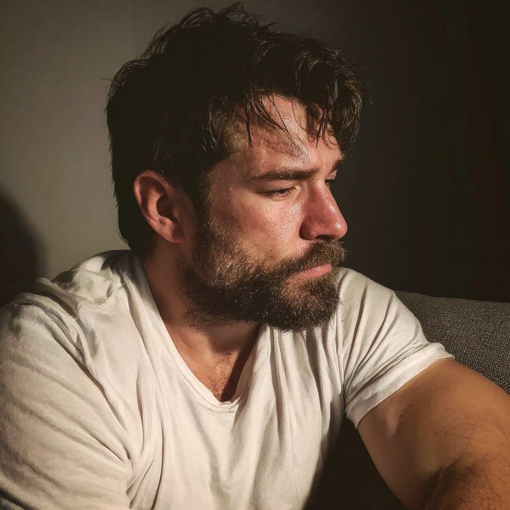 Ein emotionaler Mann, der auf einer Couch sitzt | Quelle: Midjourney