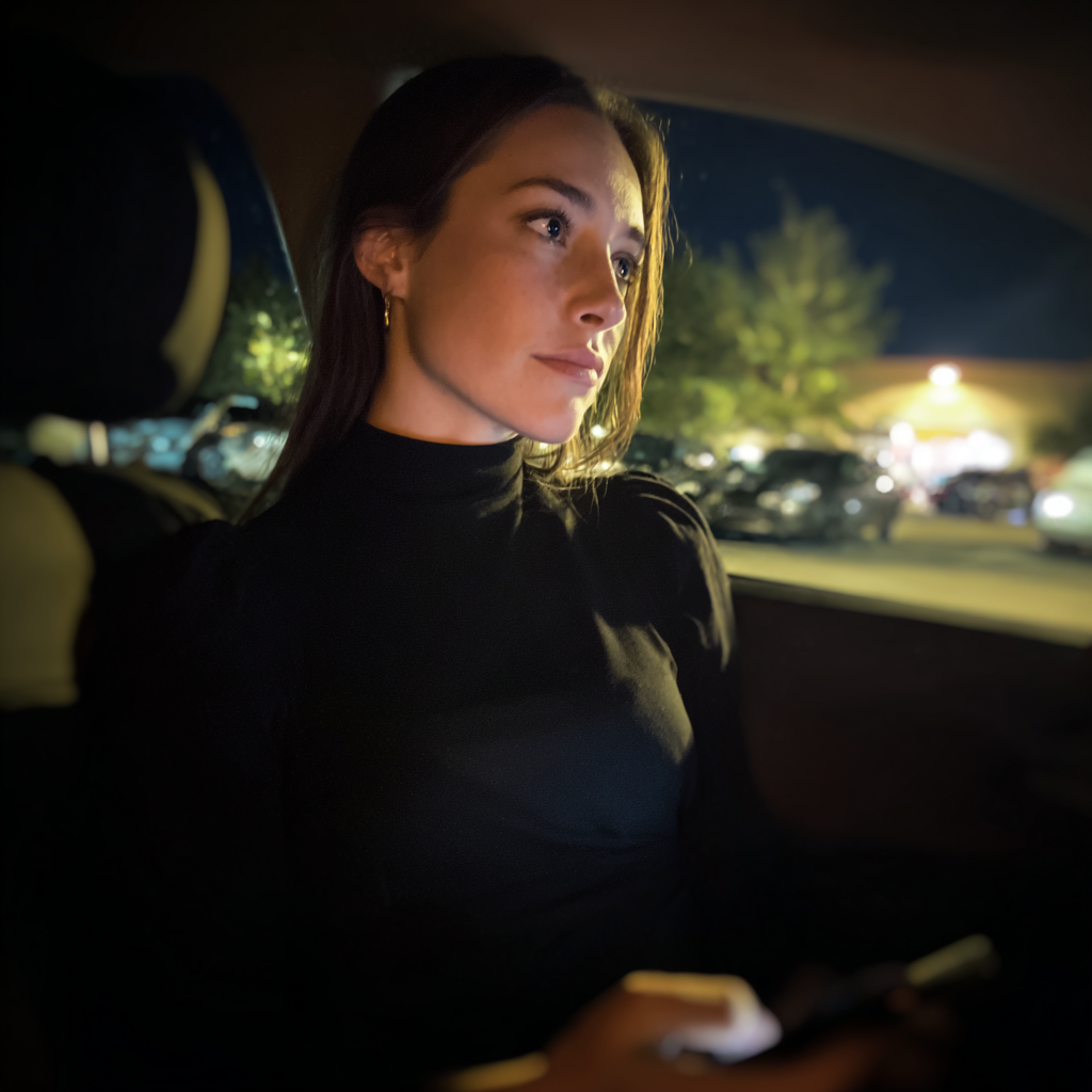 Eine emotionale Frau, die ihr Telefon in einem Auto hält | Quelle: Midjourney