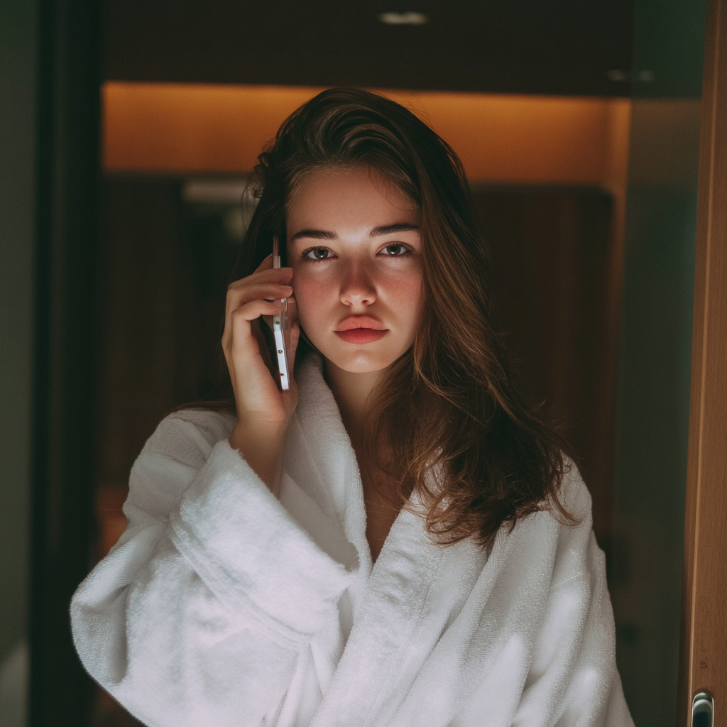 Eine junge Frau, die ein weißes Gewand trägt und am Telefon spricht | Quelle: Midjourney
