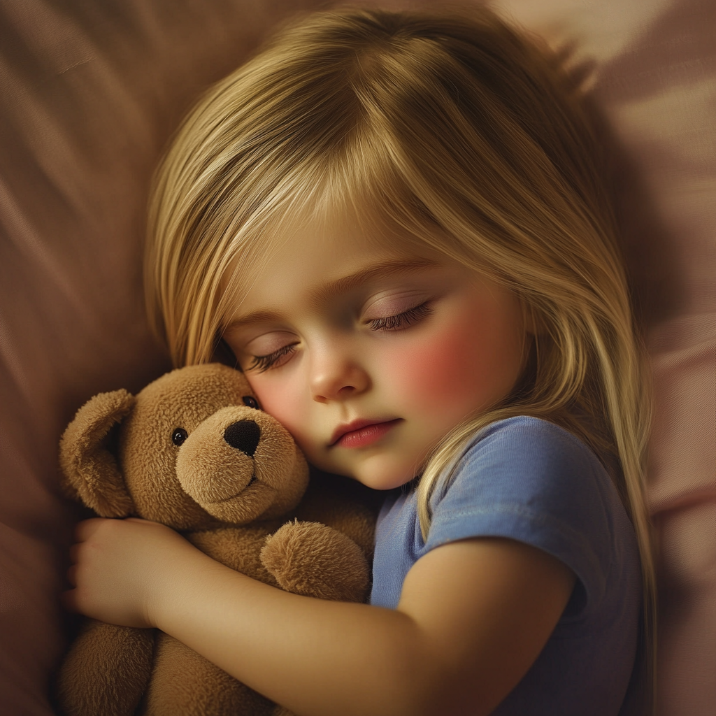 Ein kleines Mädchen schläft tief und fest, während es seinen Stoffteddybär umarmt: Midjourney