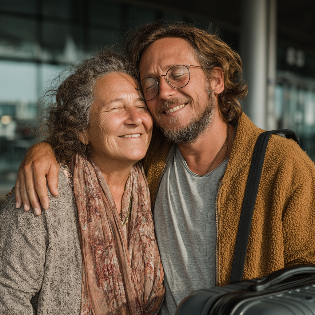 Eine Mutter und ihr Sohn umarmen sich am Flughafen | Quelle: Midjourney