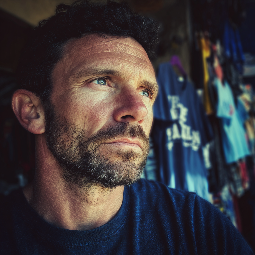 Ein nachdenklicher Mann in einem marineblauen T-Shirt | Quelle: Midjourney