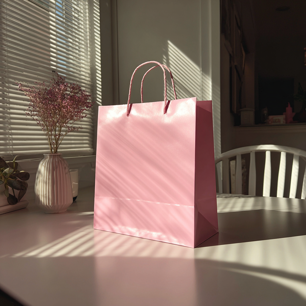 Eine rosa Geschenktüte auf einem Tisch | Quelle: Midjourney