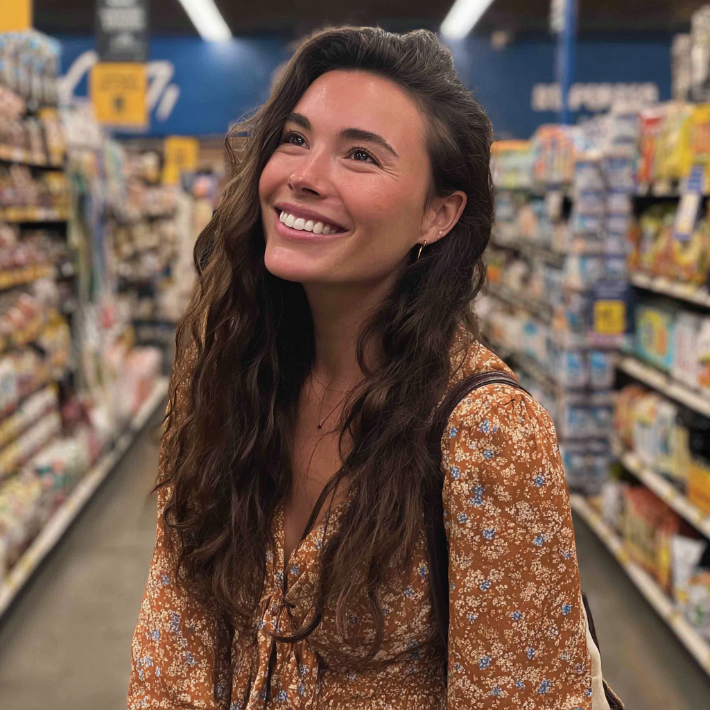 Eine lächelnde Frau in einem Lebensmittelladen | Quelle: Midjourney