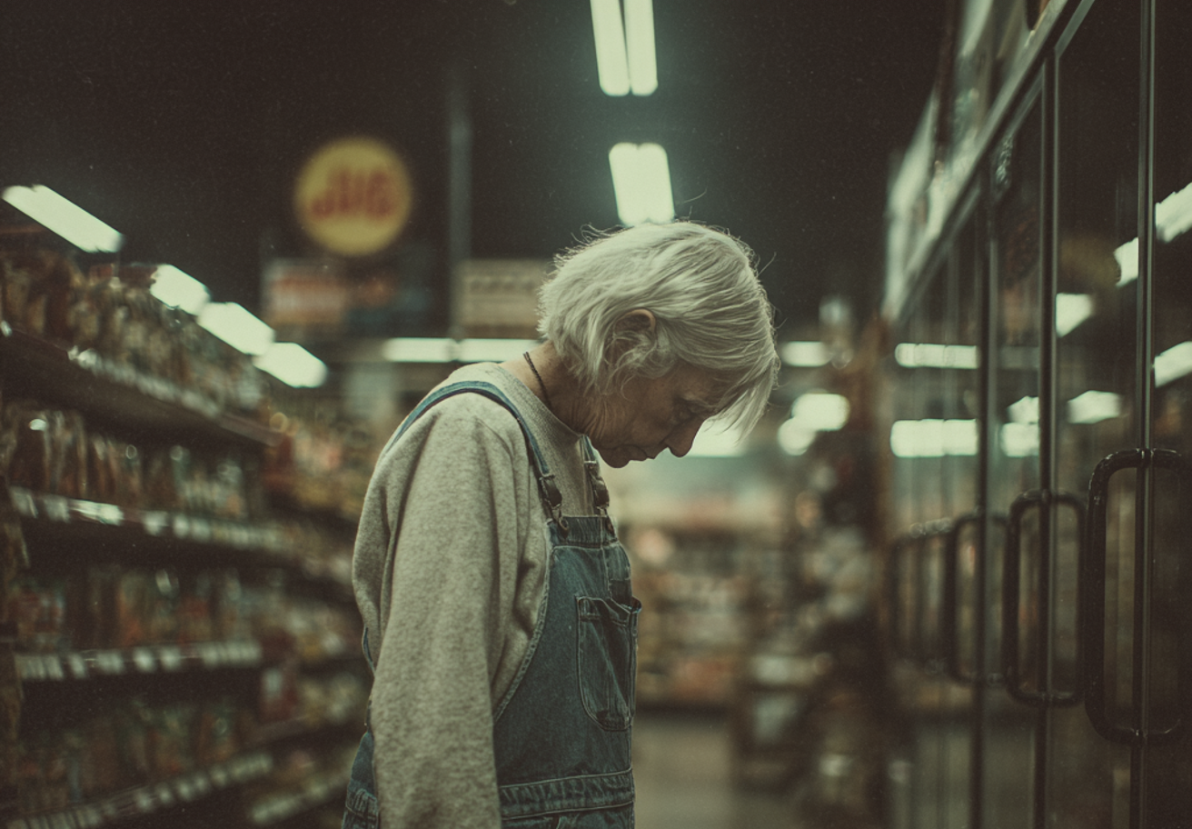 Eine traurige alte Frau, die auf den Boden schaut | Quelle: Midjourney