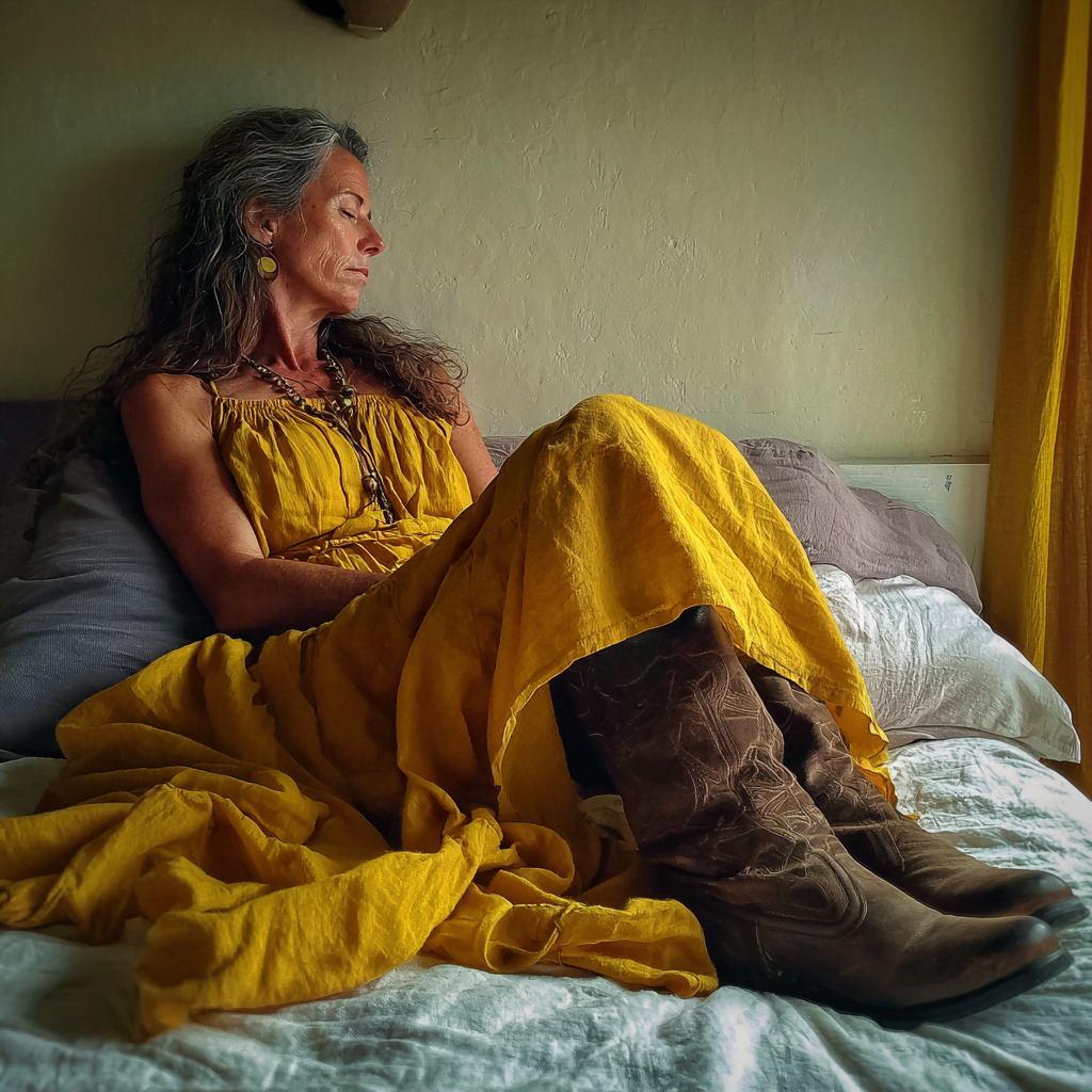 Eine ältere Frau, die auf einem Bett liegt | Quelle: Midjourney