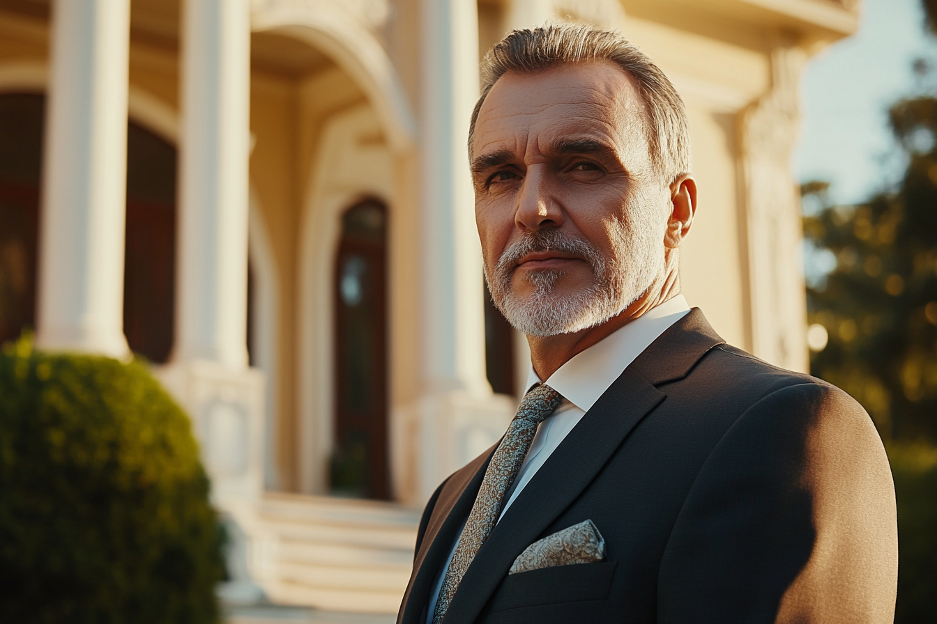 Ein älterer Mann steht vor seinem Haus | Quelle: Midjourney