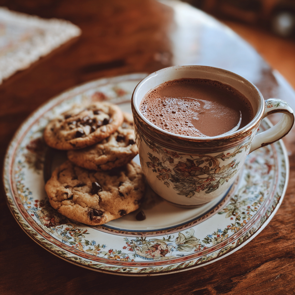 Eine Tasse mit heißem Kakao und Keksen auf einem Tisch | Quelle: Midjourney