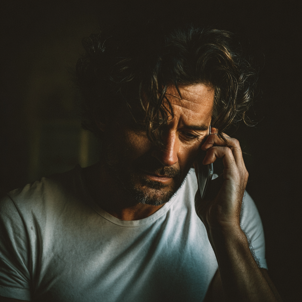 Ein emotionaler Mann, der ein weißes T-Shirt trägt | Quelle: Midjourney