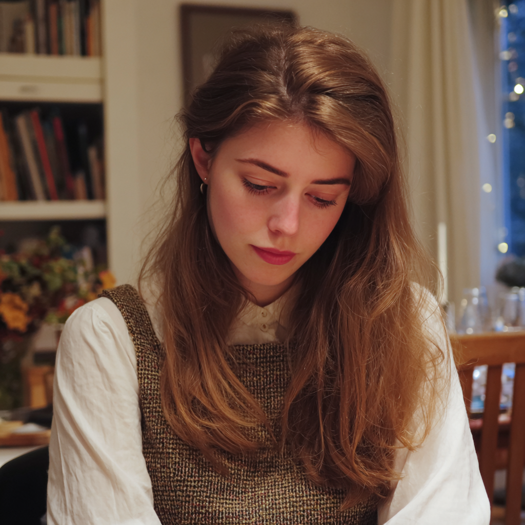 Eine emotionale Frau, die auf ihren Schoß hinunterblickt | Quelle: Midjourney