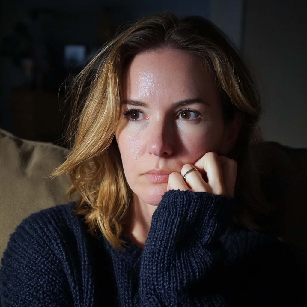 Eine Nahaufnahme einer Frau, die auf einer Couch sitzt | Quelle: Midjourney