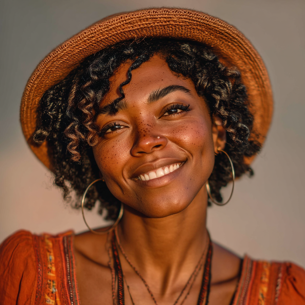 Eine glückliche Frau, die einen Hut trägt | Quelle: Midjourney