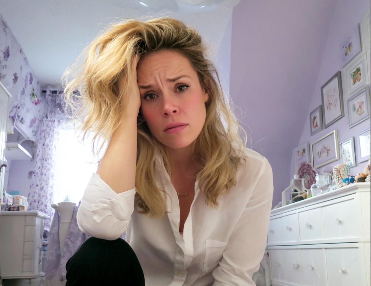 Eine Frau sitzt mit der Hand auf dem Kopf | Quelle: Midjourney