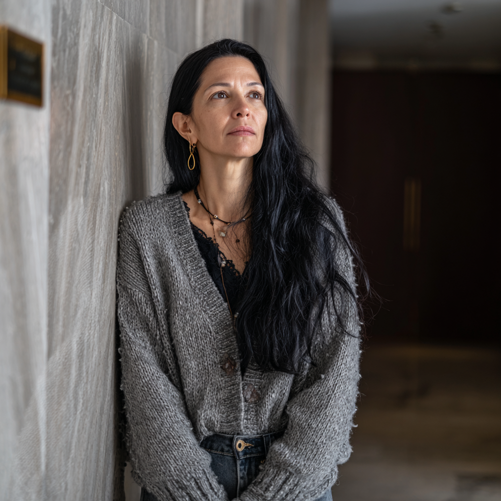 Eine aufgebrachte Frau lehnt an einer Wand | Quelle: Midjourney