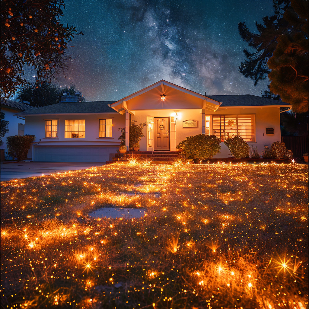Ein Vorgarten eines Hauses, der mit biologisch abbaubarem Glitter bedeckt ist | Quelle: Midjourney