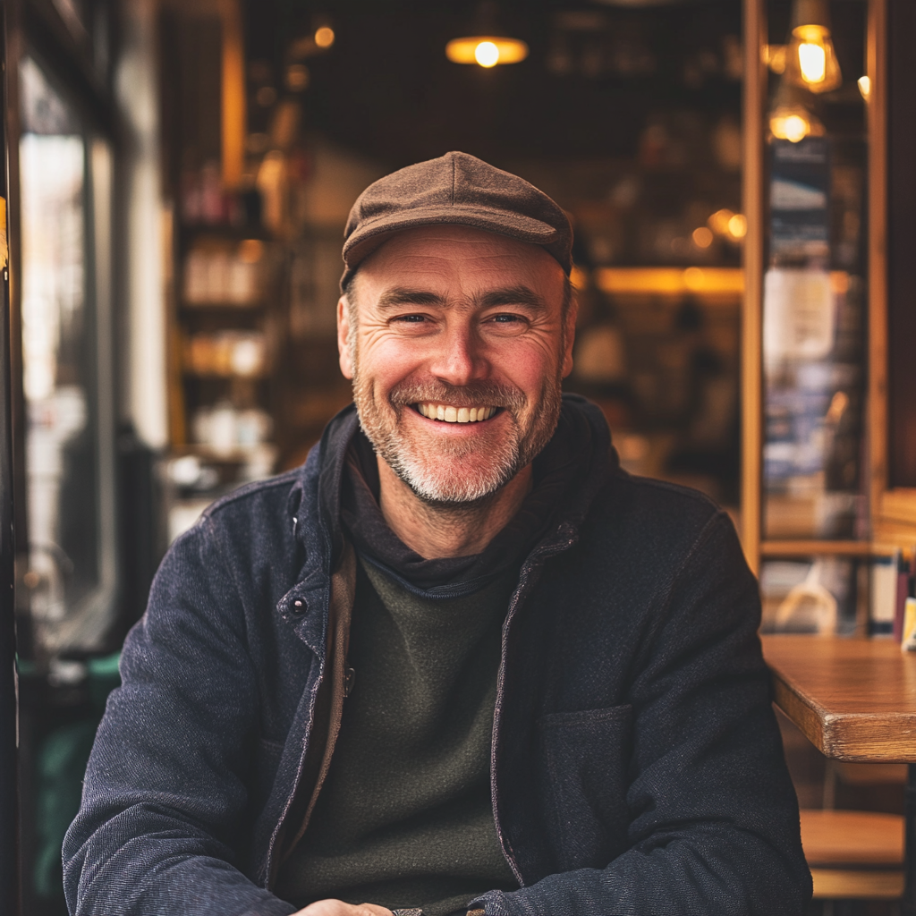 Ein Mann lächelt sanft, während er in einem Café sitzt | Quelle: Midjourney