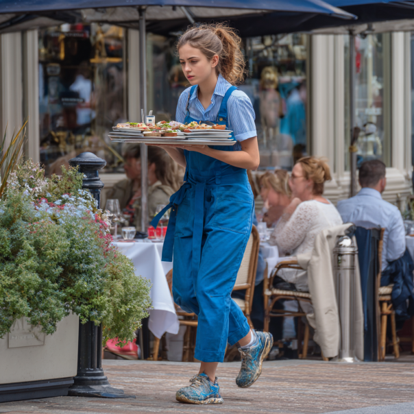 Eine Kellnerin trägt ein Tablett mit Essen | Quelle: Midjourney