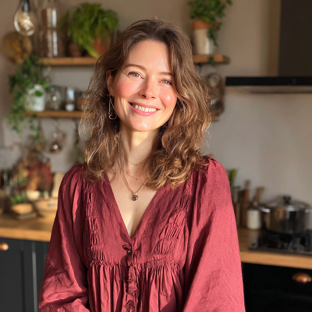 Eine heitere Frau in einem kastanienbraunen Kleid | Quelle: Midjourney