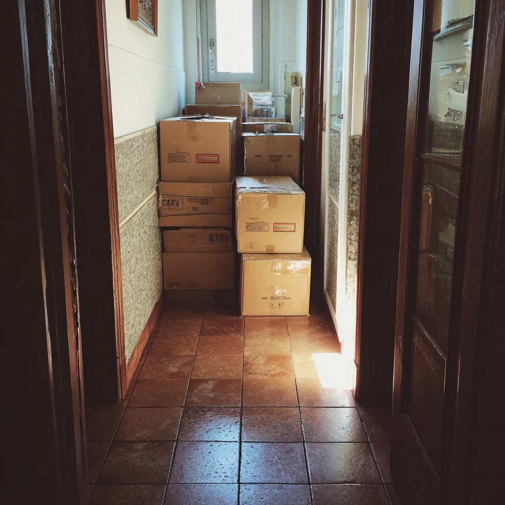 In einem Flur gestapelte Pappkartons | Quelle: Midjourney