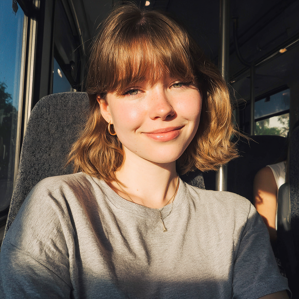 Eine lächelnde junge Frau, die in einem Bus sitzt | Quelle: Midjourney