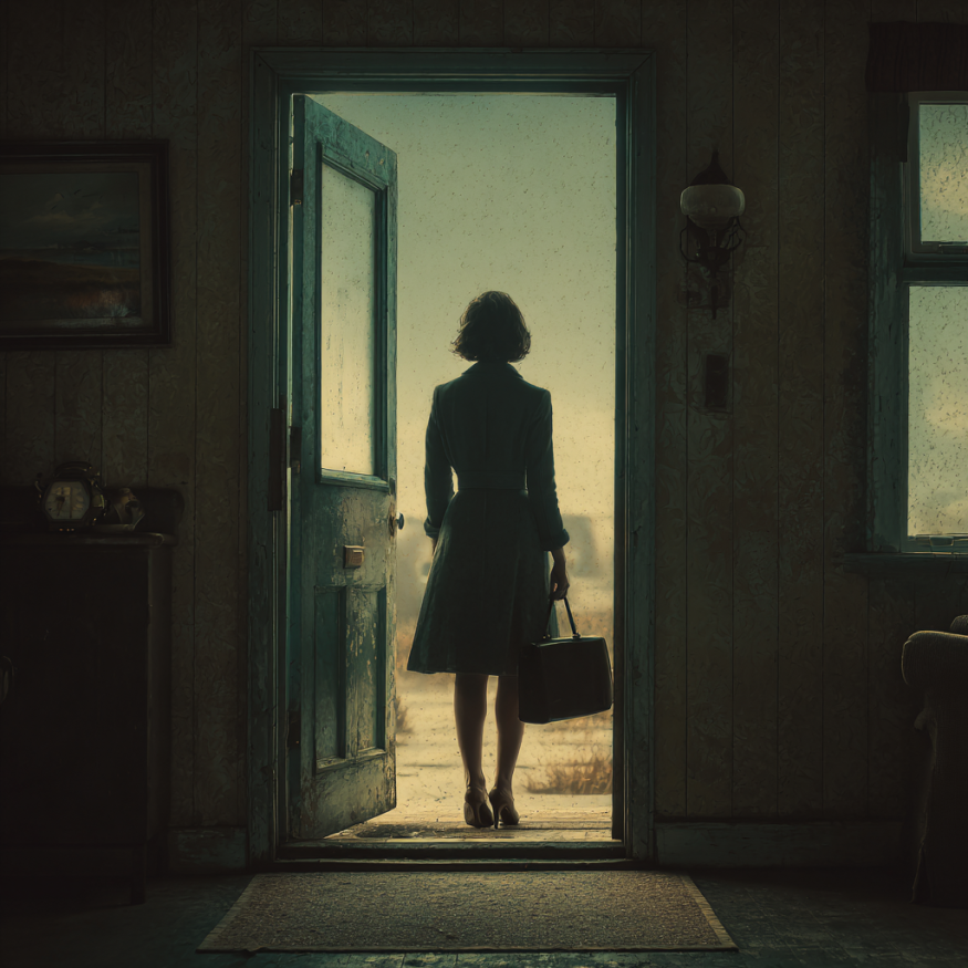 Eine Frau verlässt ein Haus : Quelle: Midjourney