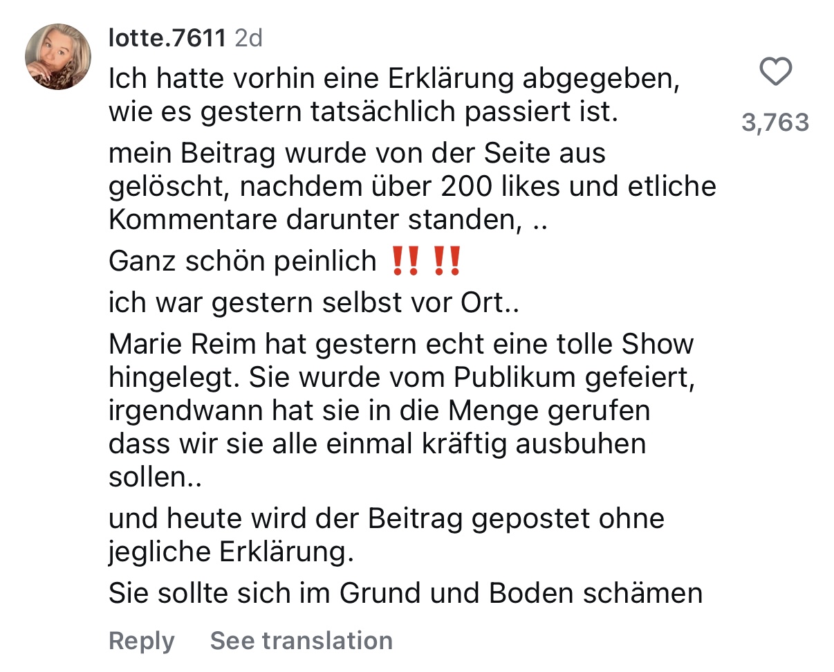 Kommentar zu ihrem Beitrag von einem Nutzer | Quelle: Instagram/mariereim_official