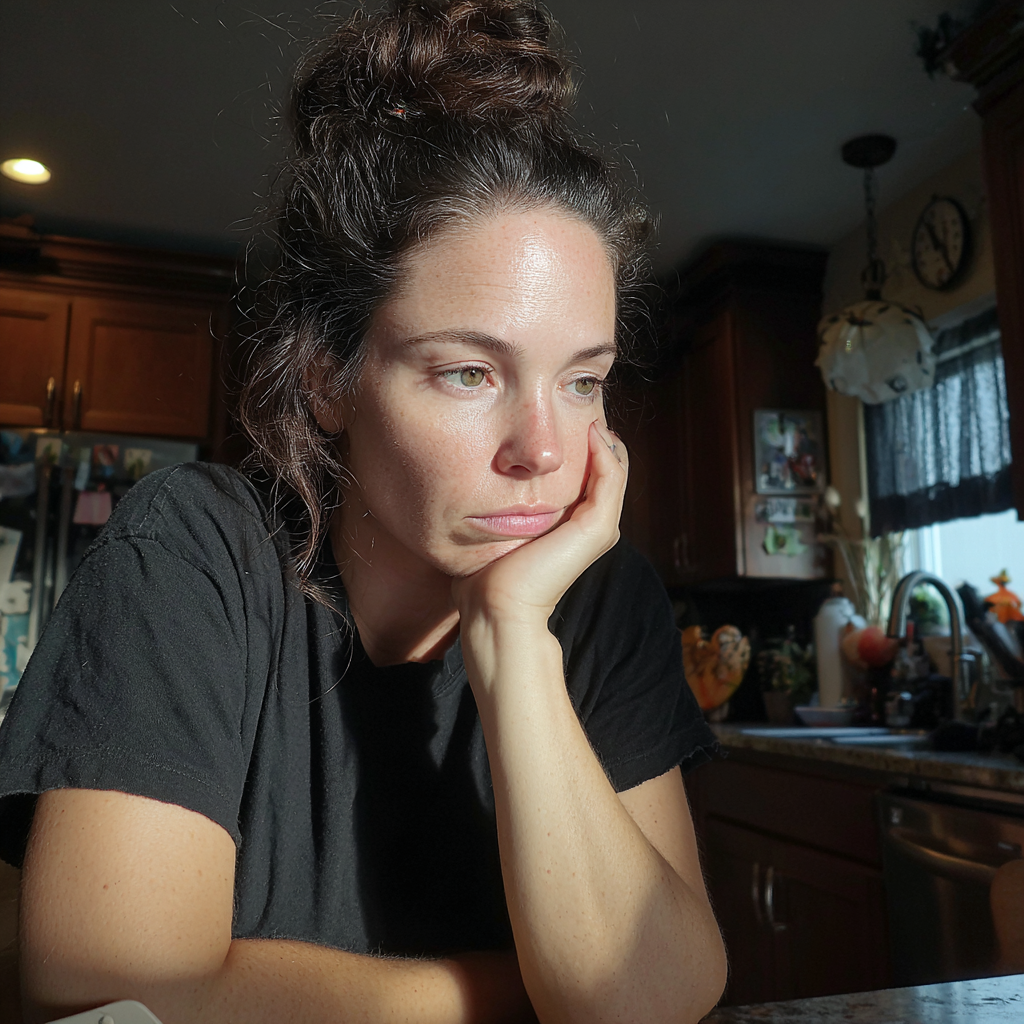 Eine Frau, die an einem Küchentisch sitzt | Quelle: Midjourney