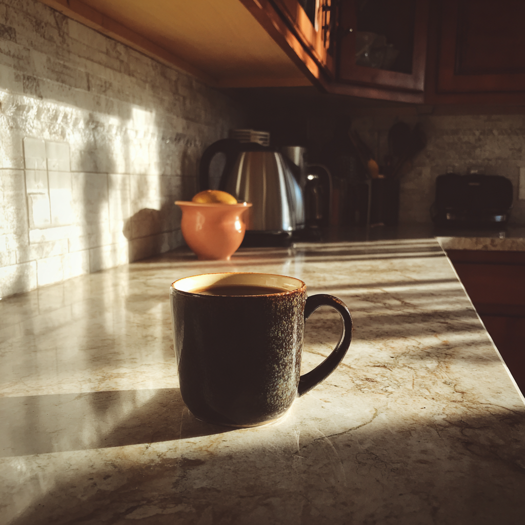 Eine Tasse Kaffee auf einer Küchentheke | Quelle: Midjourney