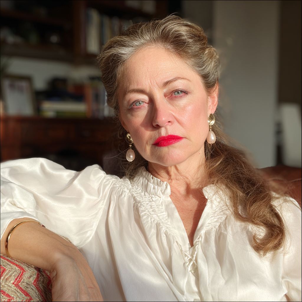 Eine emotionale ältere Frau, die auf einer Couch sitzt | Quelle: Midjourney