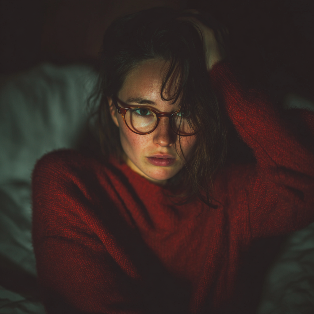 Eine Frau, die auf ihrem Bett sitzt und sich den Kopf hält | Quelle: Midjourney