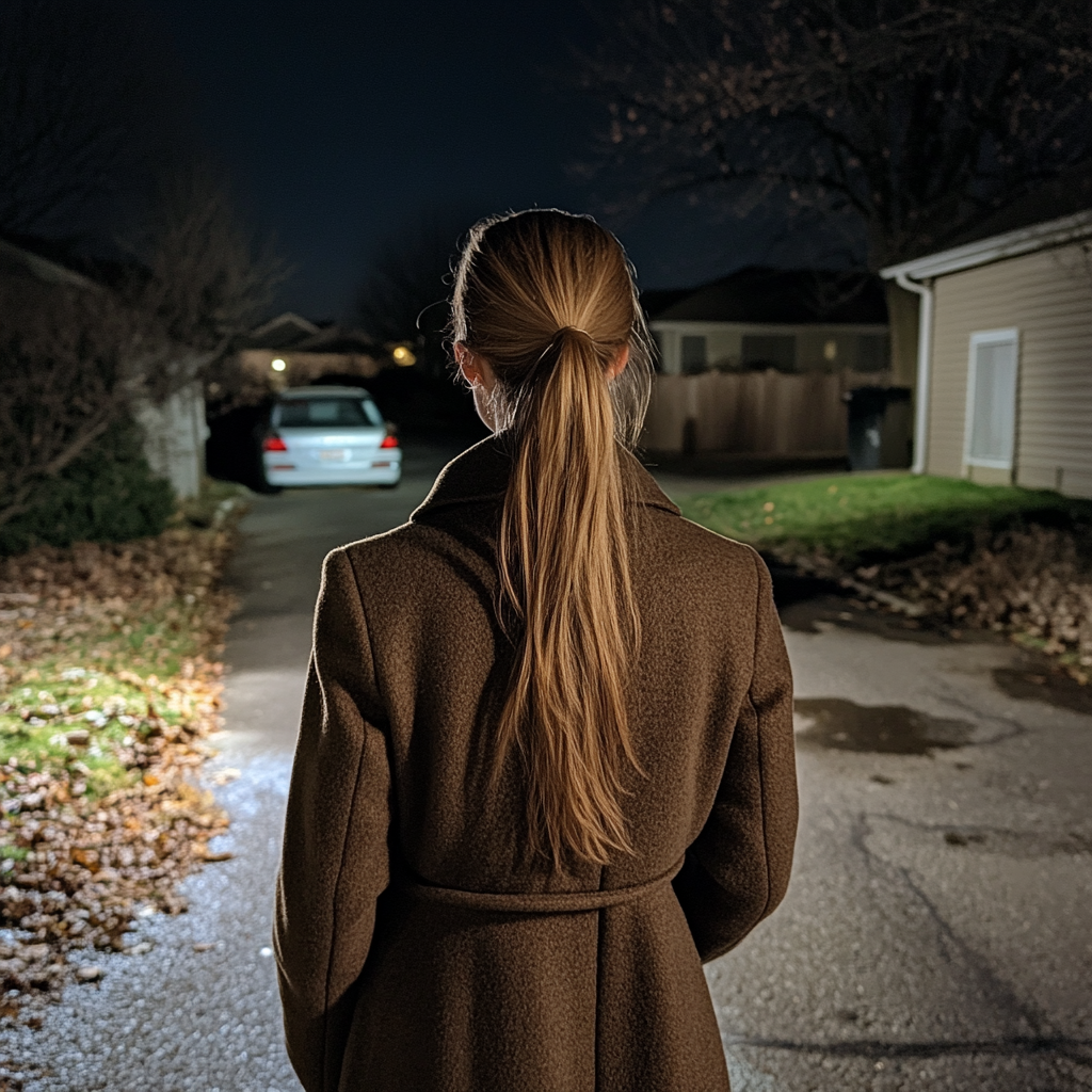 Eine Frau, die eine Einfahrt hinuntergeht | Quelle: Midjourney